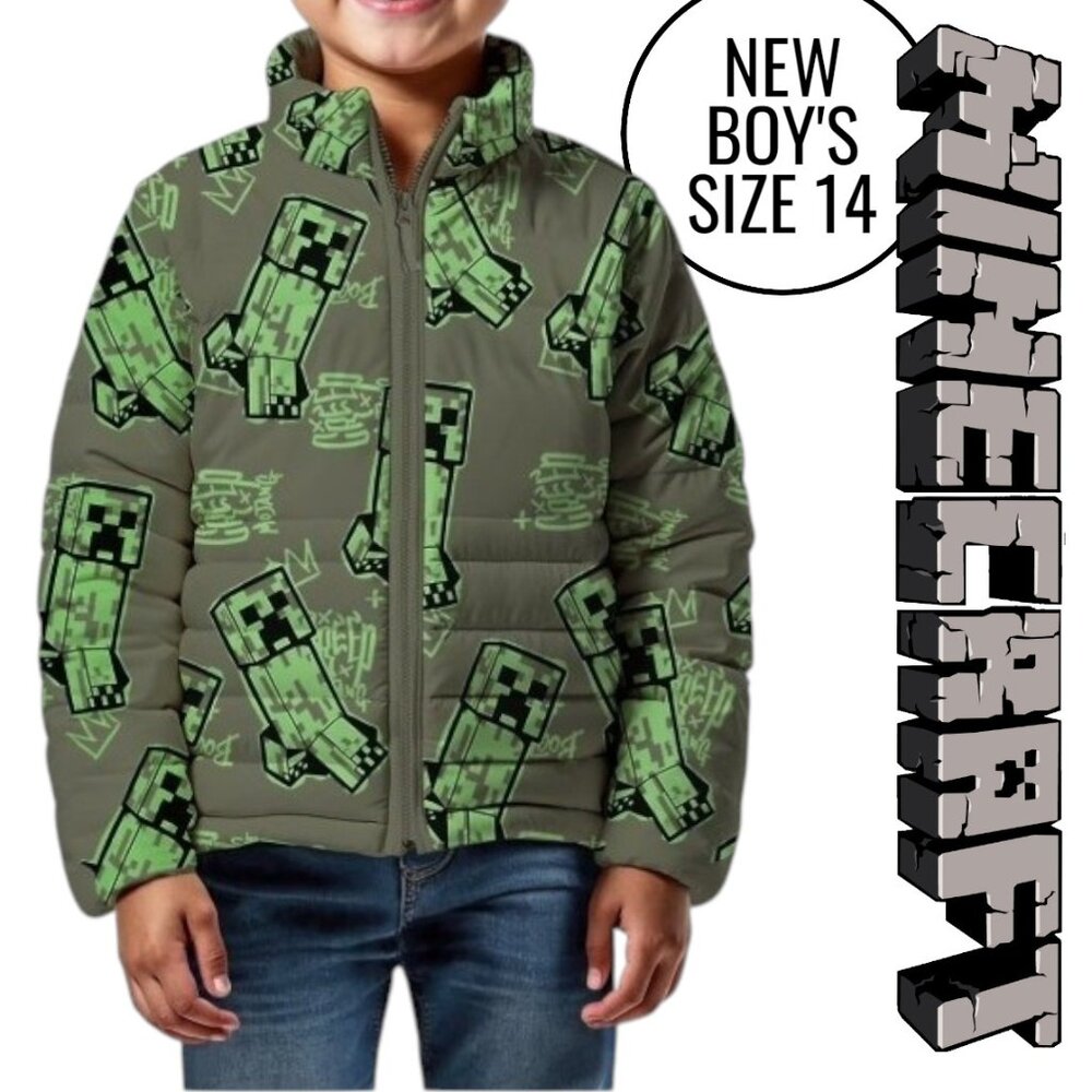 NEW Minecraft Boys Creeper Zip Puffer Jacket Lightweight Size 14 Zippered  Size
